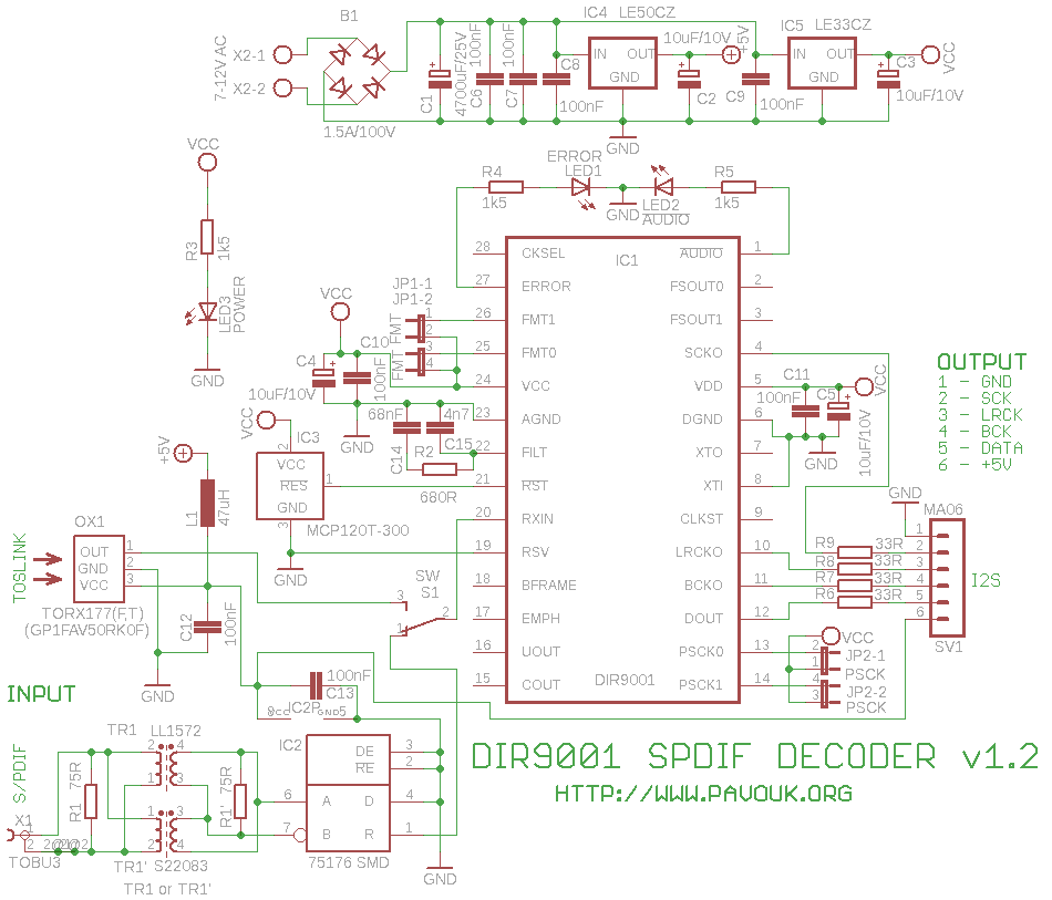 Schematics of DIR9001 SPDIF decoder version 1.2